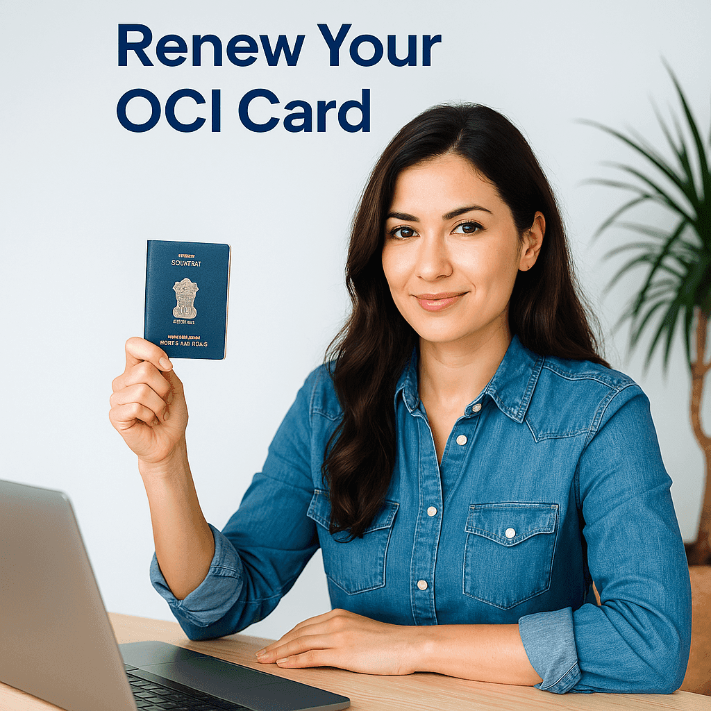Smiling advisor helping a client with OCI card application paperwork – expert OCI assistance service