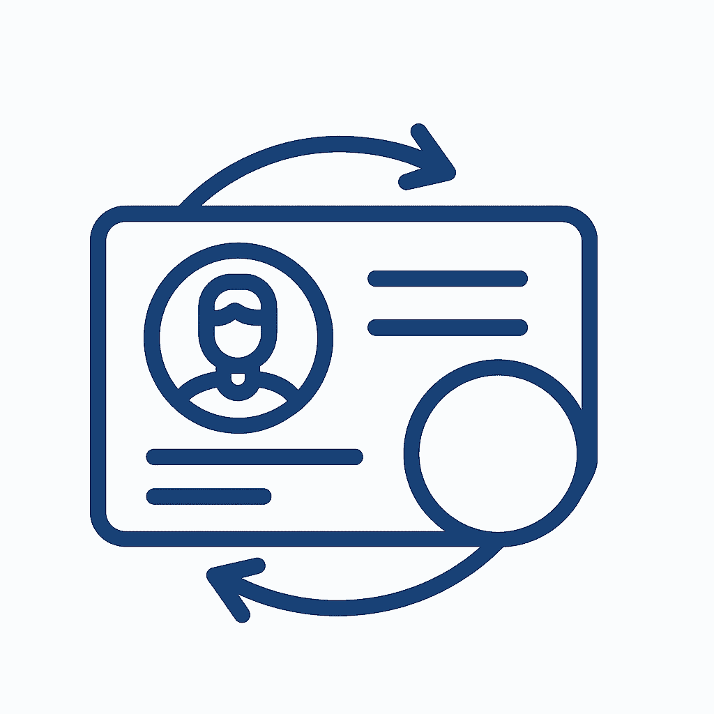 Icon symbolising OCI card renewal or reissue process in the UK, featuring an ID card with circular arrows.