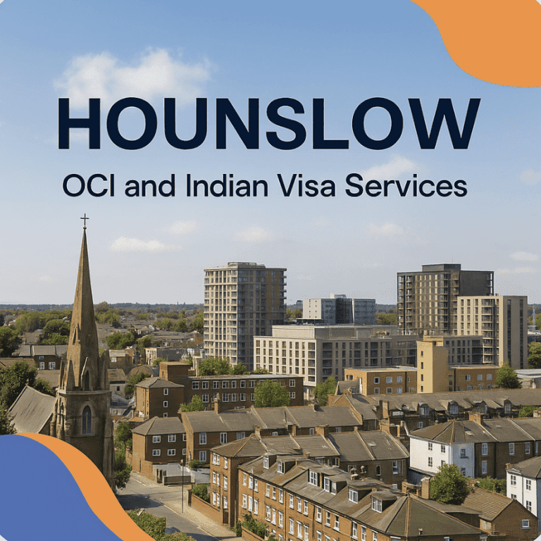 Aerial view of Hounslow skyline with text promoting OCI and Indian Visa Services in Hounslow, UK