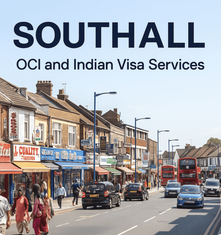 OCI and Indian Visa Services in Southall – Busy Southall Broadway with Indian shops, red buses, and diverse community