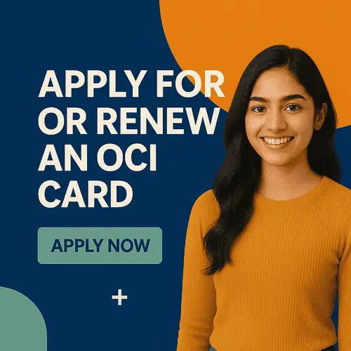 Smiling Indian woman next to bold text that reads "Apply for or Renew an OCI Card" with a call-to-action button saying "Apply Now" on a modern graphic background.