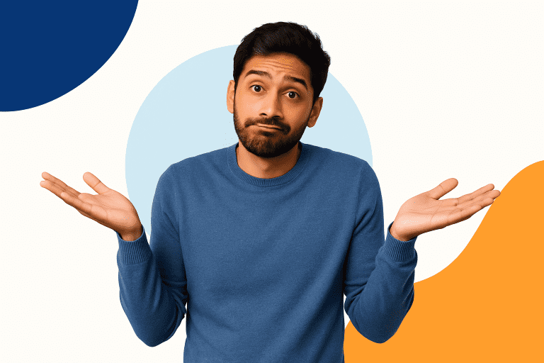 Confused Indian man unsure about how to renew OCI card in the UK, standing in front of a modern abstract background.