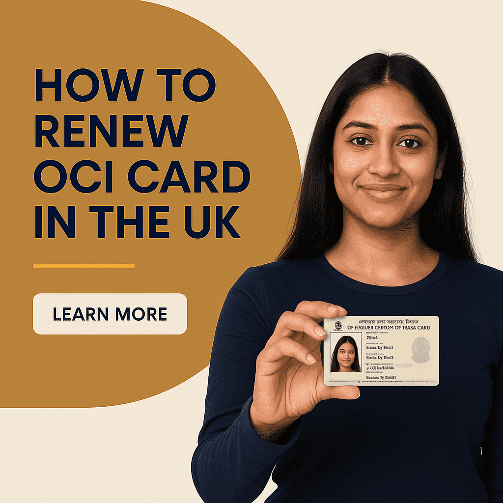 Indian woman reviewing documents for OCI card renewal, promotional banner with modern design and clear call-to-action.