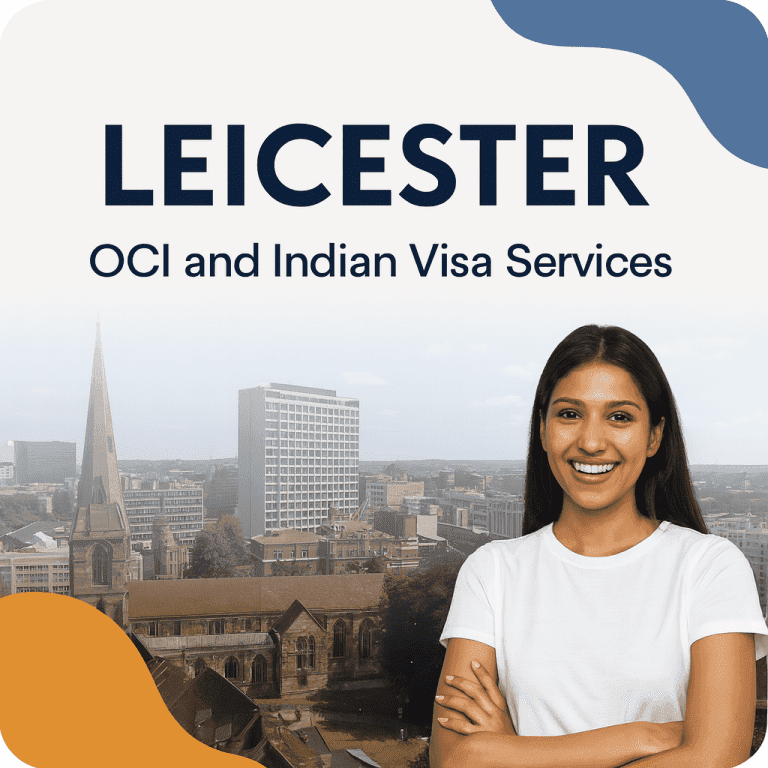Smiling woman in front of Leicester city skyline with text "LEICESTER OCI and Indian Visa Services" – Apply for OCI card and Indian visa in Leicester