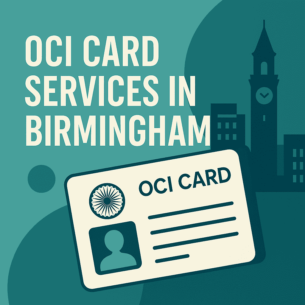 Illustration promoting OCI card agent services in Birmingham, with stylised cityscape, bold typography, and a sample OCI card graphic