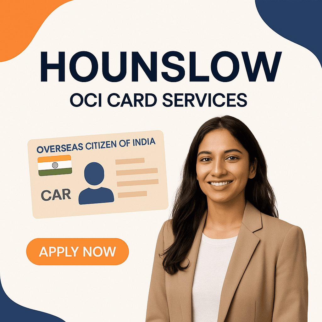 Indian woman smiling next to OCI card graphic with "Hounslow OCI Card Services" and an apply now button – promoting Indian visa and OCI services in Hounslow
