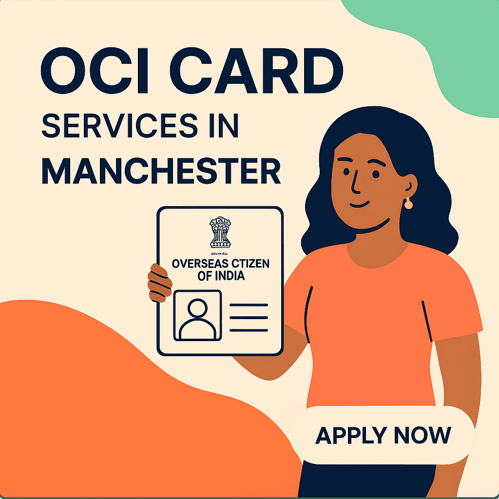 Illustration of woman holding an OCI card with text promoting OCI Card Services in Manchester and Apply Now button