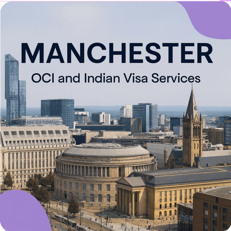 Manchester skyline with text promoting OCI and Indian visa services in Manchester