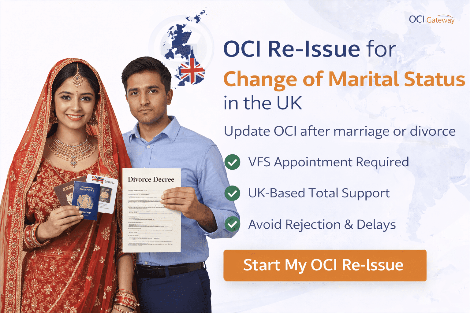 OCI re-issue for change of marital status in the UK – update OCI card after marriage or divorce with VFS appointment support