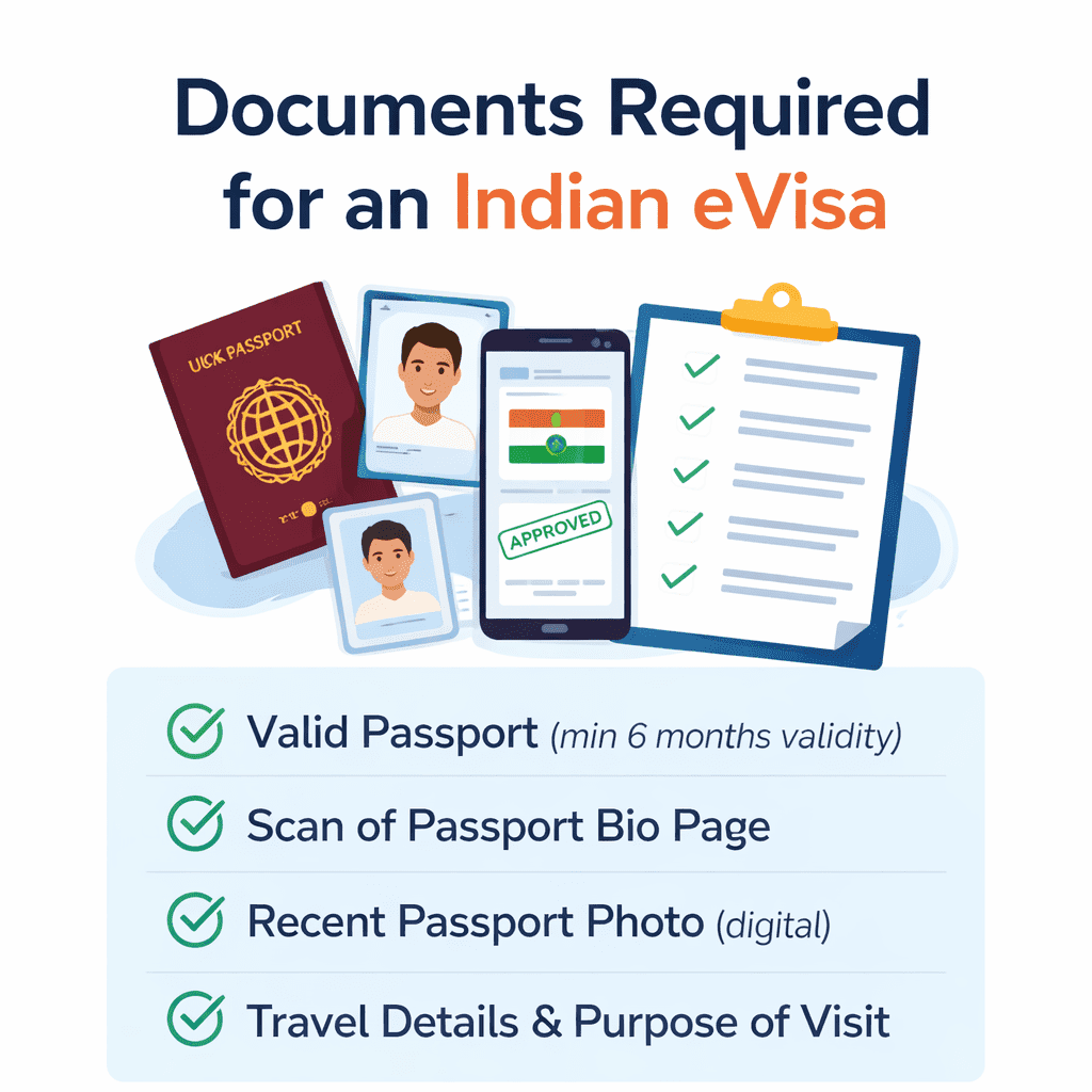 Documents required for an Indian eVisa application for UK residents including passport, photo and travel details checklist